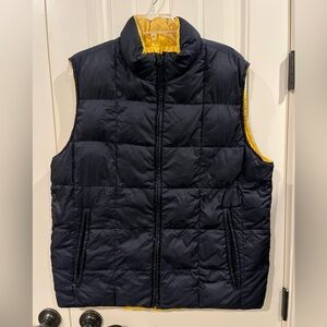 Land’s End Reversible Puffer Vest Men Med 38-40 Goose Down EUC Navy Blue /Yellow